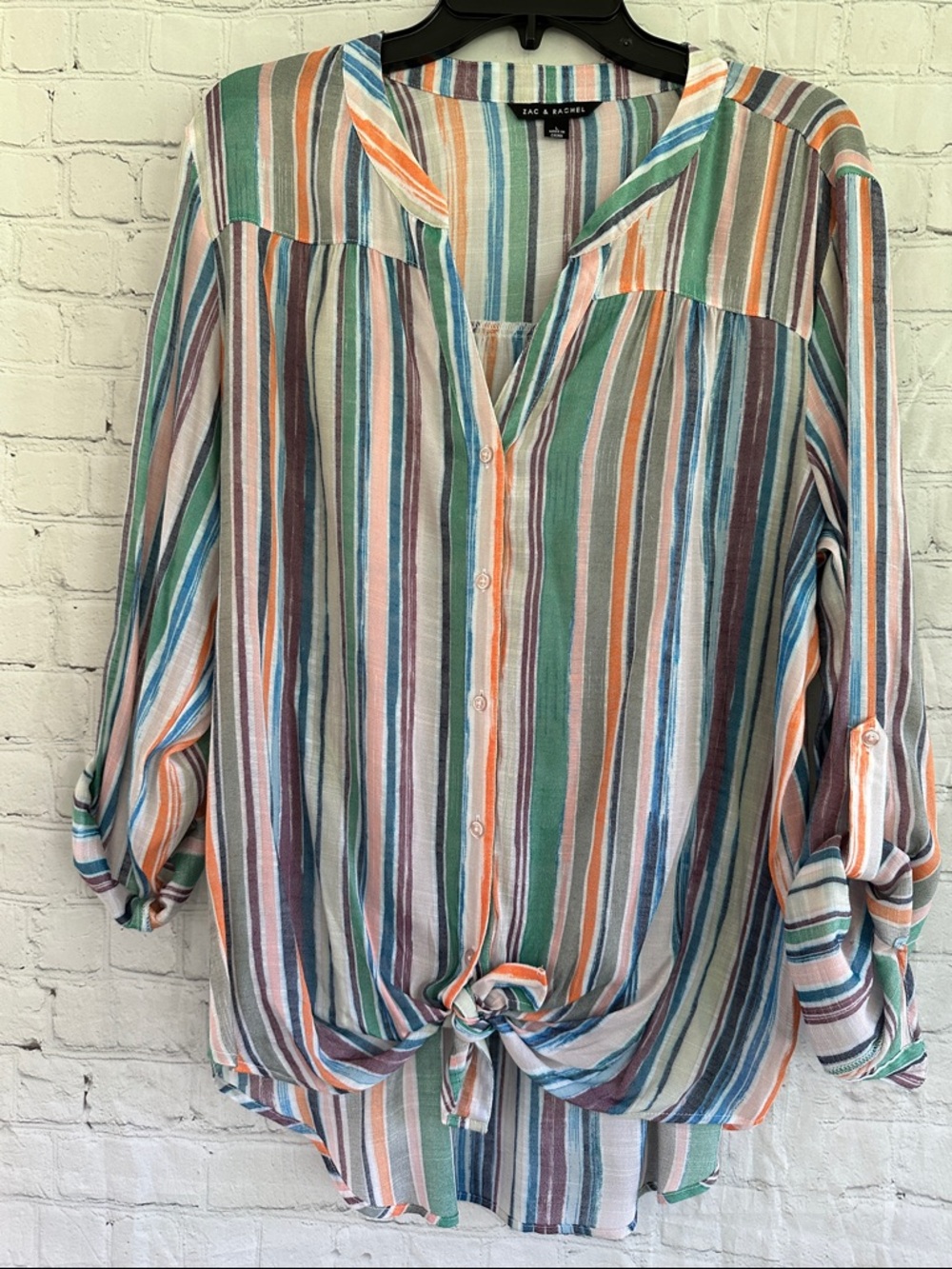 Zac & Rachel Striped Tie-Front Button Down Top in Green, Blue, Orange, Cream